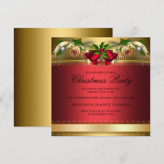 Gold Red bells & Baubles kerstparty Invite Kaart (Voorkant / Achterkant)