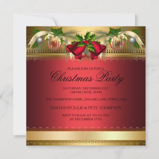 Gold Red bells & Baubles kerstparty Invite Kaart (Voorkant)