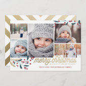 Gold Red Berries 5 Foto Collage | Vrolijk kerstfee Feestdagenkaart (Voorkant / Achterkant)