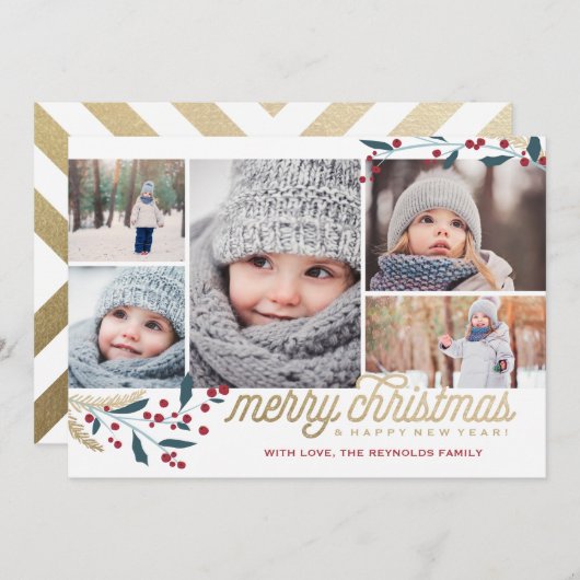 Gold Red Berries 5 Foto Collage | Vrolijk kerstfee Feestdagenkaart (Voorkant / Achterkant)