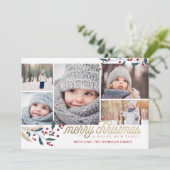 Gold Red Berries 5 Foto Collage | Vrolijk kerstfee Feestdagenkaart (Staand voorkant)