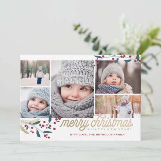 Gold Red Berries 5 Foto Collage | Vrolijk kerstfee Feestdagenkaart (Staand voorkant)