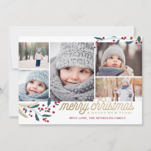 Gold Red Berries 5 Foto Collage Vrolijk kerstfee Feestdagenkaart