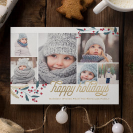 Gold Red Berries 6 Foto Collage Feestdagenkaart