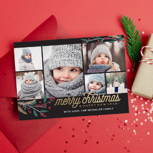 Gold Red Berries 6 Foto Collage Vrolijk kerstfee Feestdagenkaart