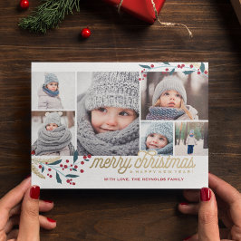 Gold Red Berries 6 Foto Collage | Vrolijk kerstfee Feestdagenkaart