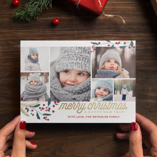 Gold Red Berries 6 Foto Collage Vrolijk kerstfee Feestdagenkaart