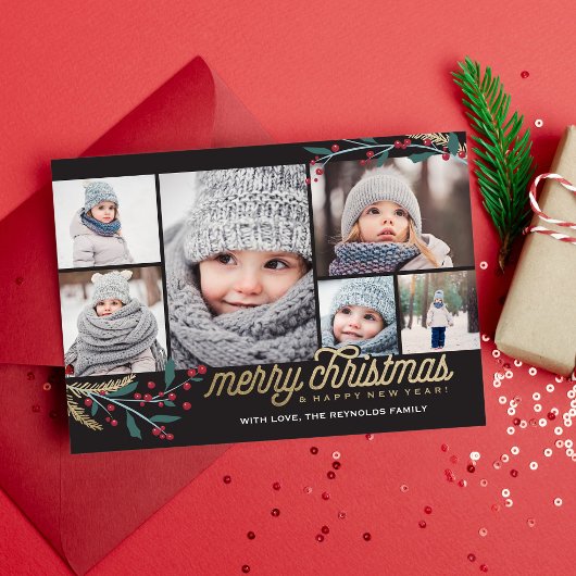 Gold Red Berries 6 Foto Collage | Vrolijk kerstfee Feestdagenkaart