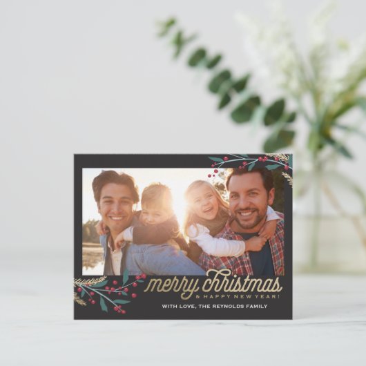 Gold Red Berries Foto Lijst | Vrolijk kerstfeest Briefkaart (Staand voorkant)