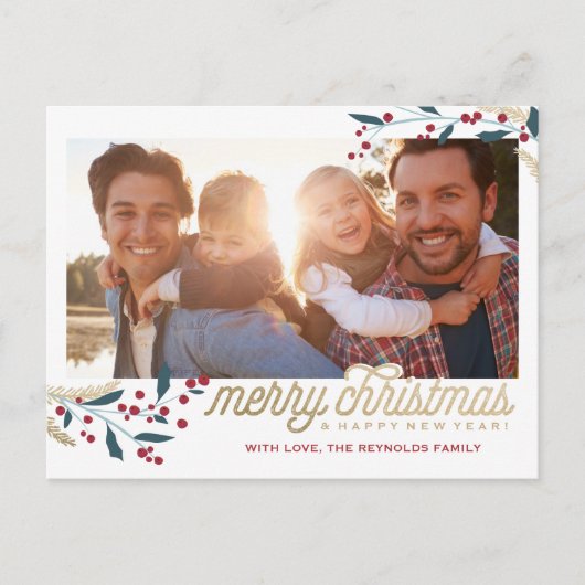 Gold Red Berries Foto Lijst | Vrolijk kerstfeest Briefkaart (Voorkant)