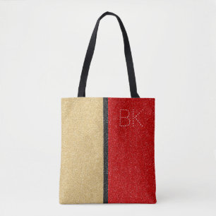 Gold Red Black Glitter Chic Monogram op maat Tote Bag