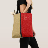 Gold Red Black Glitter Chic Monogram op maat Tote Bag (Dichtbij)