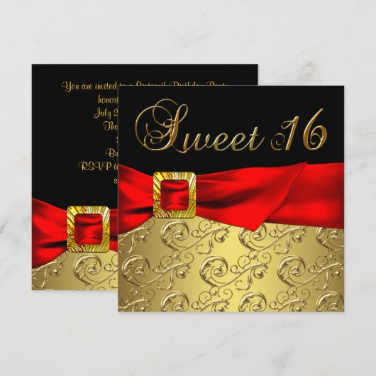 Gold Red Black Sweet 16 Verjaardagsfeest Kaart (Voorkant / Achterkant)