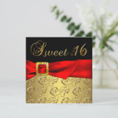 Gold Red Black Sweet 16 Verjaardagsfeest Kaart (Staand voorkant)