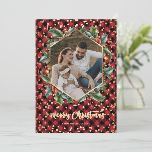 Gold Red Buffalo met kerstkaarten Feestdagenkaart (Staand voorkant)