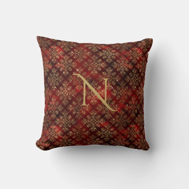 Gold Red Burgundy Monogram Damask Elegant Chic Kussen (Voorkant)