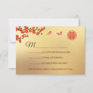 Gold Red Cherry Blossom RSVP Chinese Weddenschap Kaartje