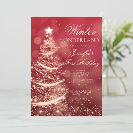 Gold Red Christmas Winter Onederland 1st Birthday Kaart (Staand voorkant)