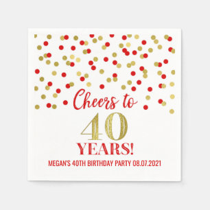 Gold Red Confetti Cheers tot 40 jaar verjaardag Servet