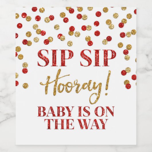 Gold Red Confetti Sip Sip Hooray Wijn Etiket (Enkel label)