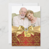 Gold Red Damask & Bow Photo 50e Jubileum Kaart (Voorkant)