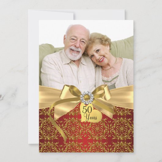 Gold Red Damask & Bow Photo 50e Jubileum Kaart (Voorkant)