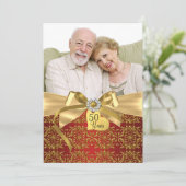 Gold Red Damask & Bow Photo 50e Jubileum Kaart (Staand voorkant)