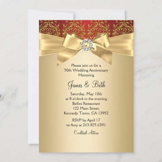 Gold Red Damask & Bow Photo 50e Jubileum Kaart (Achterkant)