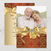Gold Red Damask & Bow Photo 50e Jubileum Kaart (Voorkant / Achterkant)