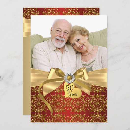 Gold Red Damask & Bow Photo 50e Jubileum Kaart (Voorkant / Achterkant)