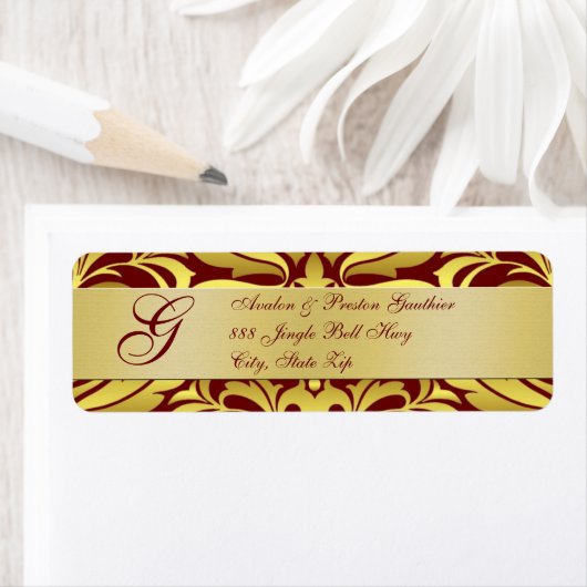 Gold & Red Damask Kerst Adresetiketten Etiket (Insitu)