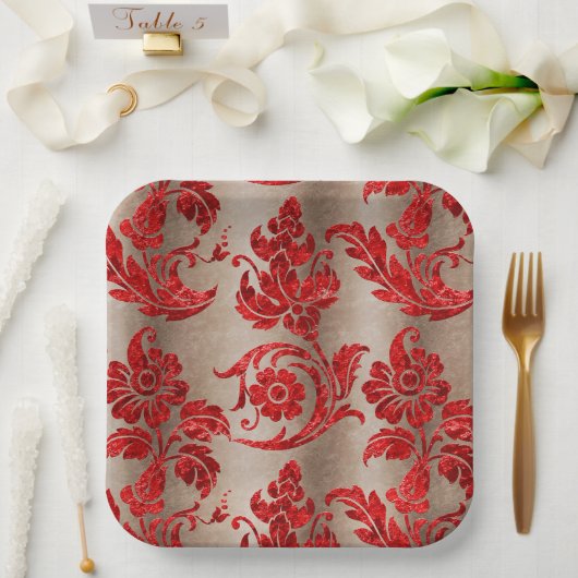Gold Red Damask Papieren Bordje (Huwelijk)