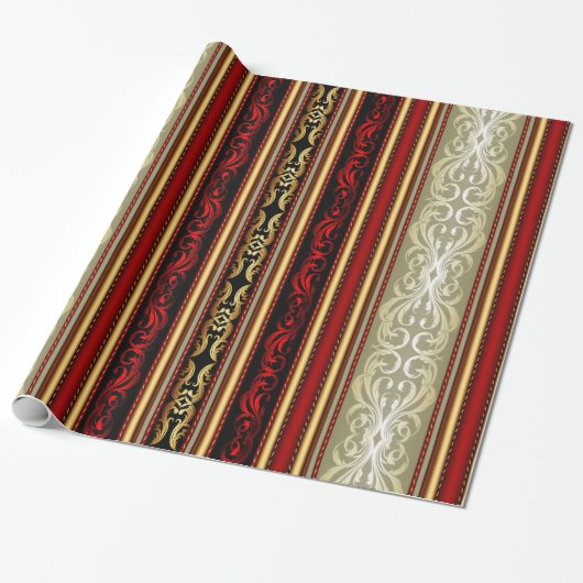 Gold, Red Damask Victoriaans stripe Wrapping Paper Cadeaupapier (Uitgerold)