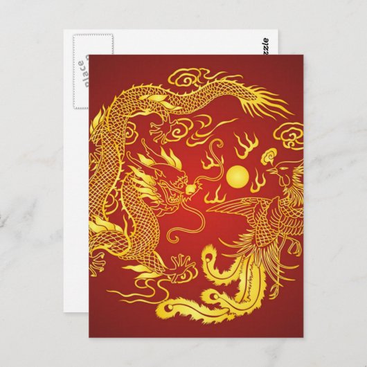 Gold Red Dragon Phoenix Chinese Weddenschap Favor Briefkaart (Voorkant / Achterkant)