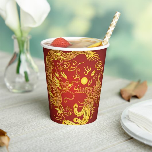 Gold Red Dragon Phoenix Chinese Weddenschap Favor Papieren Bekers (Insitu)