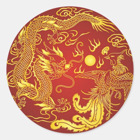 Gold Red Dragon Phoenix Chinese Weddenschap Favor Ronde Sticker (Voorkant)