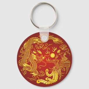 Gold Red Dragon Phoenix Chinese Weddenschap Favor Sleutelhanger