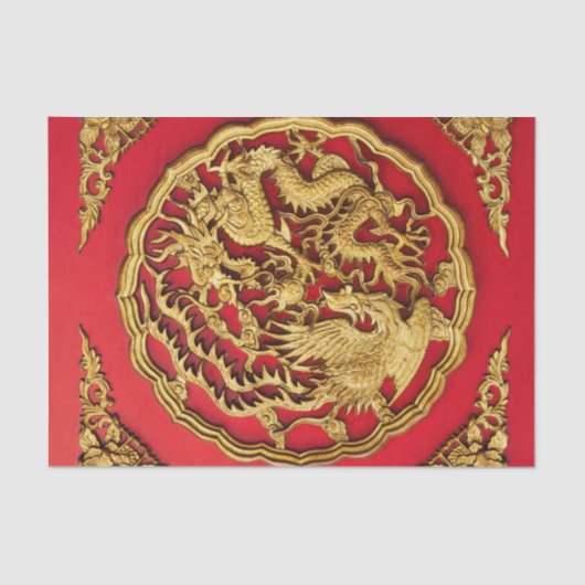 Gold Red Dragon Phoenix Chinese Weddenschap Favor Tissuepapier (Voorkant)