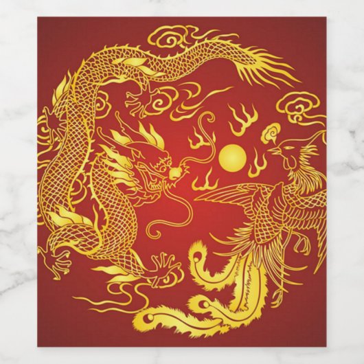 Gold Red Dragon Phoenix Chinese Weddenschap Favor Wijn Etiket (Enkel label)