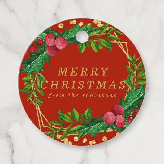 Gold Red Family Merry kerst Holly Glitter Bedankjes Labels (Voorkant)