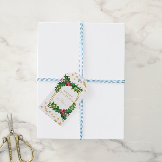 Gold Red Family Merry kerst Holly Glitter Cadeaulabel (Met Touw)