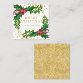 Gold Red Family Merry kerst Holly Glitter Vierkante Visitekaartje (Voorkant / Achterkant)