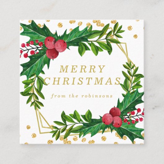 Gold Red Family Merry kerst Holly Glitter Vierkante Visitekaartje (Voorkant)