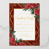 Gold Red Feestelijke Bloemen Lijst Kerstfeest Folie Uitnodiging (Voorkant)