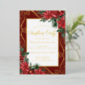 Gold Red Feestelijke Bloemen Lijst Kerstfeest Folie Uitnodiging (Staand Voorkant)