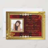 Gold & Red floral Photo Sweet Sixteen Invite Kaart (Voorkant)