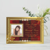 Gold & Red floral Photo Sweet Sixteen Invite Kaart (Staand voorkant)