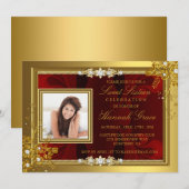 Gold & Red floral Photo Sweet Sixteen Invite Kaart (Voorkant / Achterkant)