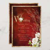 Gold Red Floral Rustic Script Wedding Kaart (Voorkant / Achterkant)