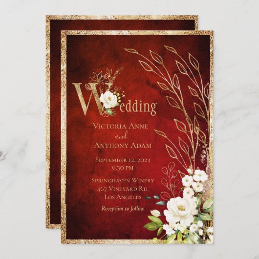 Gold Red Floral Rustic Script Wedding Kaart (Voorkant / Achterkant)